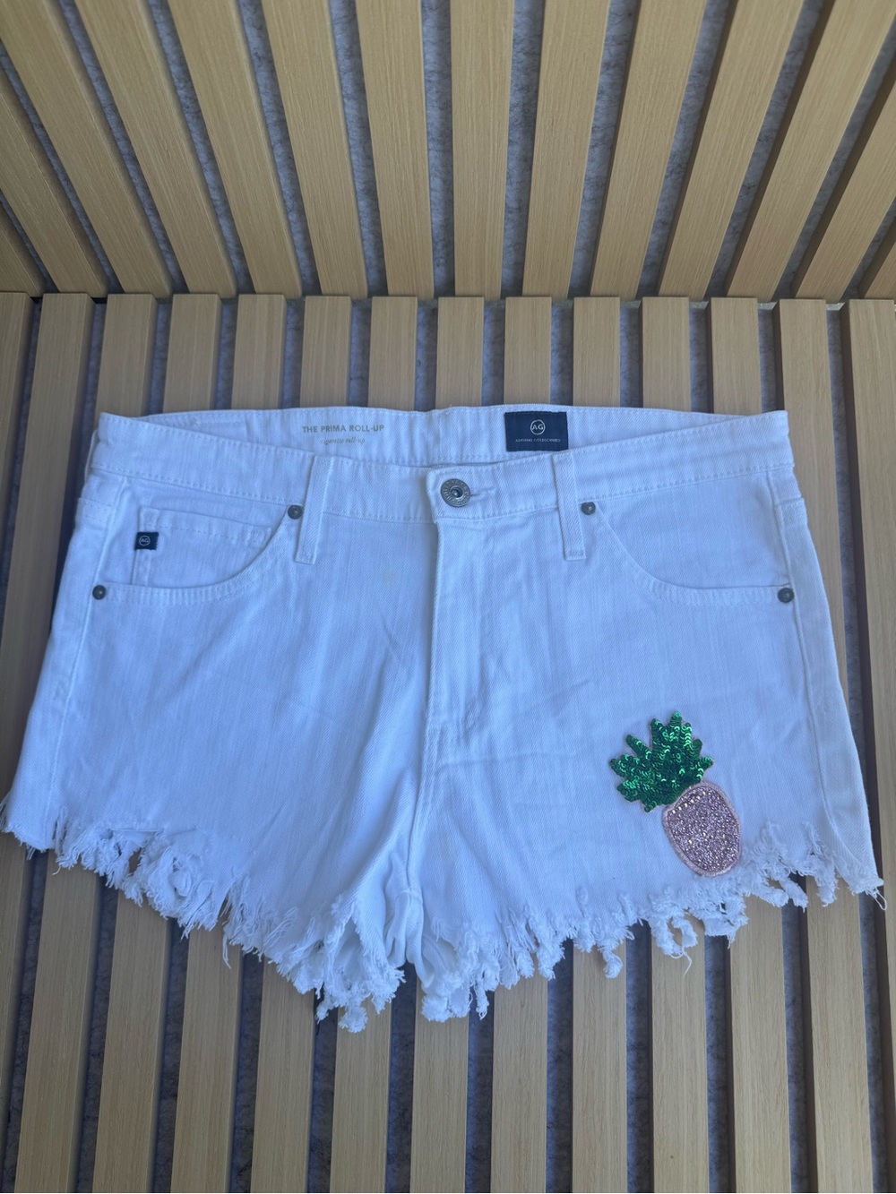 White Denim Frayed Hem Shorts with Pineapple Patch - Women